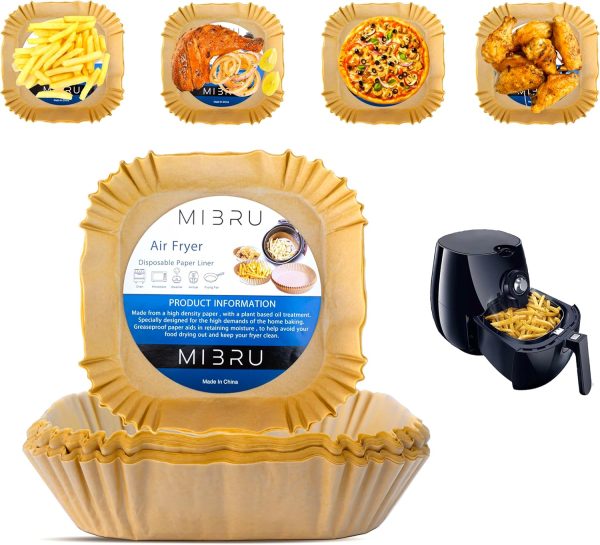 MIBRU Air Fryer Disposable Paper Liners 20x20cm, Non-Stick Air Fryer Liners, Greaseproof and Water-proof, Perfect for Food Basket, Cooking, BBQ, Baking in Microwave, Toaster Oven, Brown 100pcs