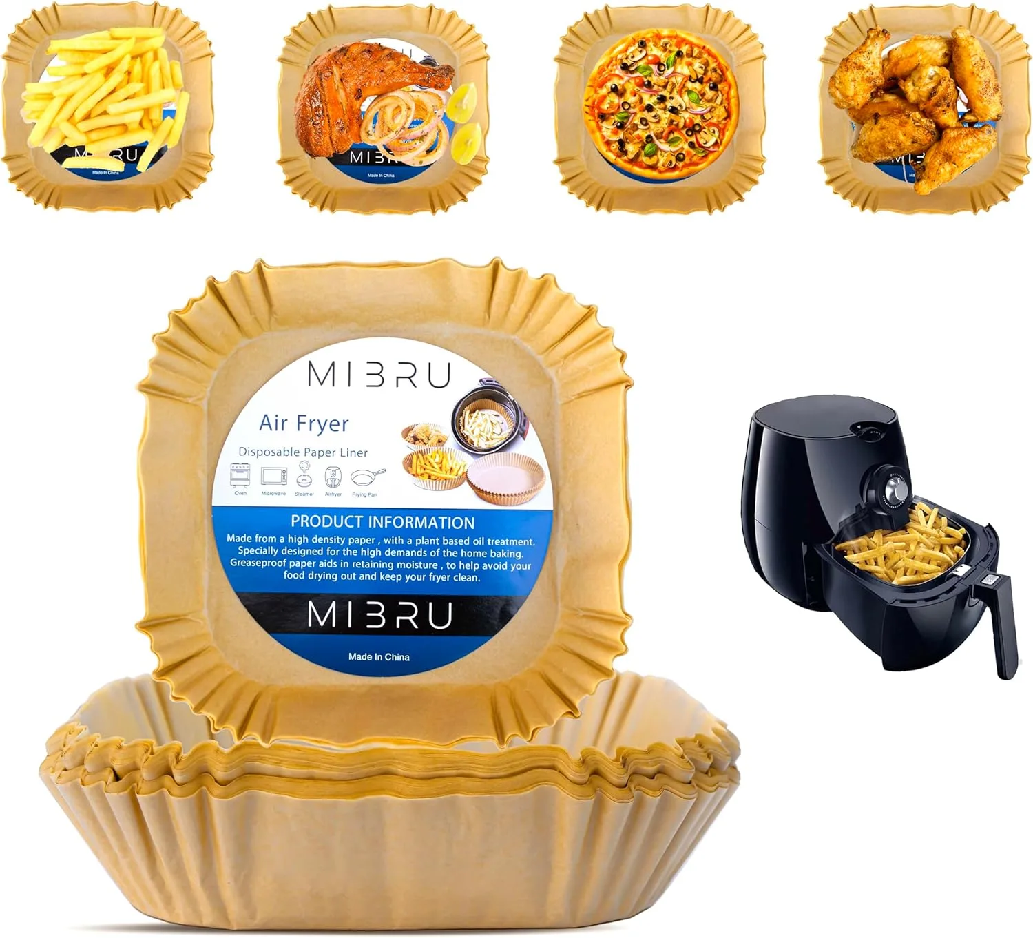 MIBRU Air Fryer Disposable Paper Liners 20x20cm, Non-Stick Air Fryer Liners, Greaseproof and Water-proof, Perfect for Food Basket, Cooking, BBQ, Baking in Microwave, Toaster Oven, Brown 100pcs