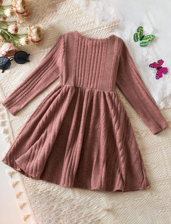⁦SEAUR Girls' Long Sleeve Dress Knit Striped Crew Neck Midi Dress A-Line Slim Waist Princess Dress⁩ - الصورة ⁦2⁩
