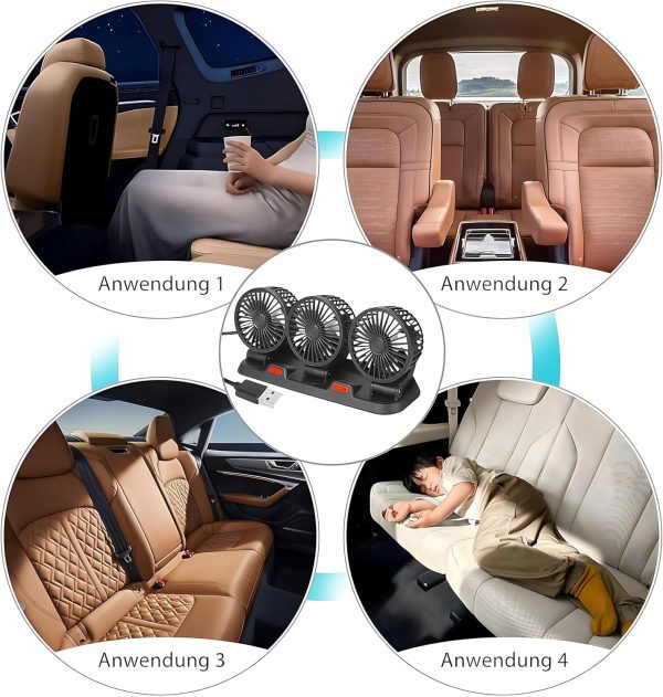 ⁦5V USB Three-Headed Car Fan – 360° Rotatable Auto Cooling Fan for Back Seat, Truck, Van, SUV, RV, Boat, Caravan – Quiet, Powerful Airflow (Black)⁩ - الصورة ⁦9⁩