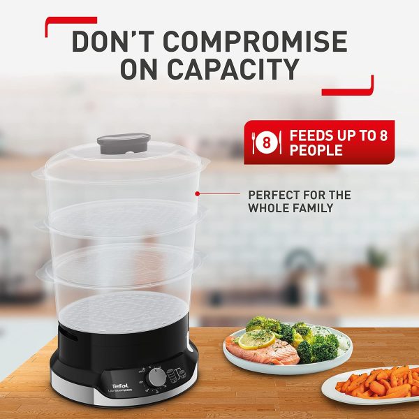 ⁦Tefal Ultracompact Steam Cooker, 3-Tier Food Steamer, Stackable Storage System, BPA-Free Bowls, 60-Min Timer, Refill While Steaming, Rice Accessory, Removable Cooking Bowls, Black, VC204865⁩ - الصورة ⁦2⁩