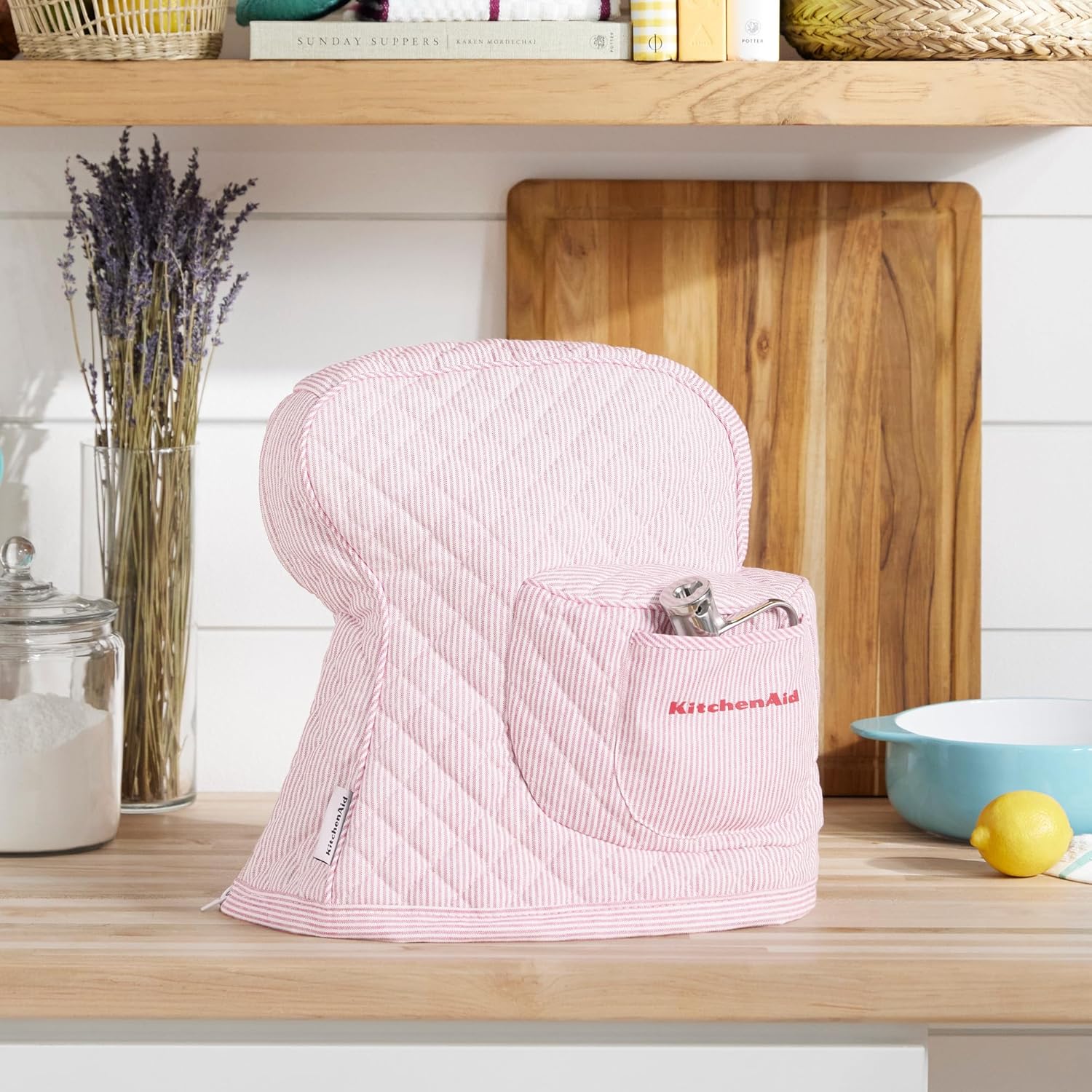 KitchenAid Fitted Tilt-Head Ticking Stripe Stand Mixer Cover with Storage Pocket, Quilted 100% Cotton, 14.4" x 18" x 10", Hibiscus Pink 2 KitchenAid Fitted Tilt-Head Ticking Stripe Stand Mixer Cover with Storage Pocket, Quilted 100% Cotton, 14.4" x 18" x 10", Hibiscus Pink - الصورة 2