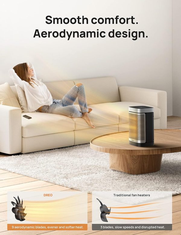 ⁦Dreo Space Heater, 3-Mode 3-Speed, 12H Timer, 70° Oscillation, Thermostat, Energy Efficient Electric Ceramic Heating, Overheating-, Tip-Over-Protection, Silent Fan Heater for Home Use⁩ - الصورة ⁦6⁩