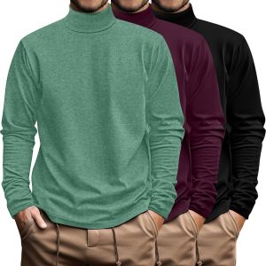 Ficerd 3 Pack Men's Big and Tall Turtleneck Shirts Cotton Long Sleeve Turtle Neck Tops Plus Size Loose Fit Basic Tee