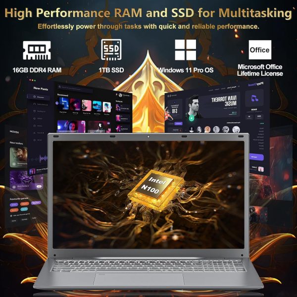 ⁦Soulgenix 17 17.3 Inch HD+ Display Laptop Computer, 11 Pro OS with MS Office Inlcuded, 16GB LPDDR4 RAM, 1TB SSD, 12th N100 Processor, Backlit Keyboard, Fingerprint, Type-C, USB 3.2 Ports, Gray⁩ - الصورة ⁦4⁩