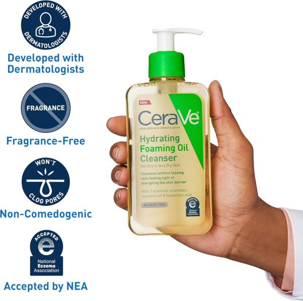 ⁦CeraVe Hydrating Foaming Oil Cleanser | Moisturizing Oil Cleanser for Face & Body | Squalane Oil + Hyaluronic Acid + Ceramides | For Dry to Very Dry Skin | Fragrance Free & Residue Free | 19 FL Oz⁩ - الصورة ⁦6⁩