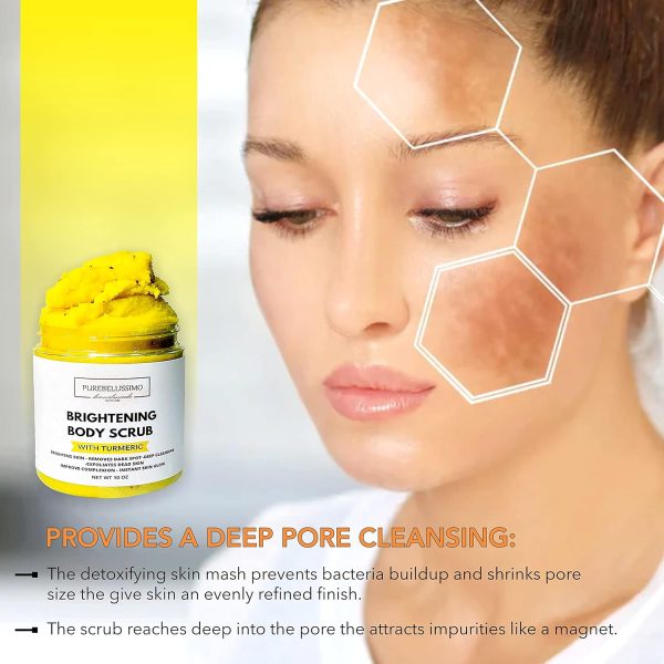 ⁦PureBellissimo Turmeric Skin Brightening Scrub for Dark Spots, Dark Inner Thighs Bikini Area Underarms, Natural Exfoliating Turmeric Face Scrub ALL NATURAL 10OZ⁩ - الصورة ⁦2⁩
