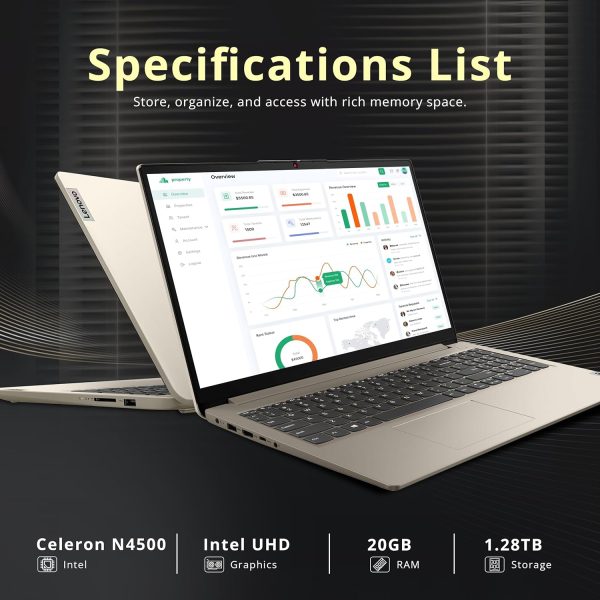 ⁦Lenovo IdeaPad 1 15.6" HD Laptop, Intel Celeron N4500, 20GB RAM, 1TB SSD+128GB eMMC, Intel UHD Graphics, Copilot, Number Pad, Webcam, 1 Year Office 365, Windows 11, Sand, 160GB Docking Station Set⁩ - الصورة ⁦3⁩