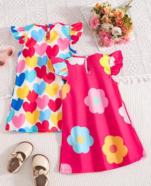 ⁦VeryNew 2-Pack Girls Ruffle Sleeve Dress A-Line Skater Cute Cat Casual Dresses Summer Spring for Kids 4-8 Years⁩ - الصورة ⁦9⁩