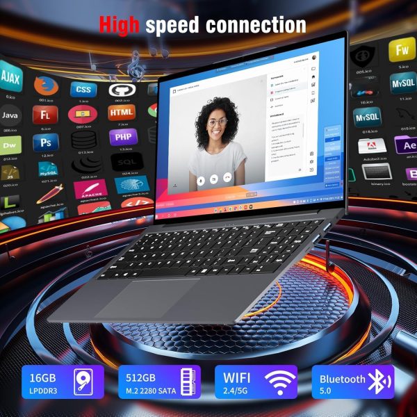 ⁦15.6 Inch Laptop, 16 GB RAM 512 GB SSD Laptop Gaming, Core i3 Laptop Up to 3.4 GHz, High Definition Screen HD 1920 x 1080 FHD IPS Notebook, with WiFi 5 HDMI, USB-3.0, Type-C⁩ - الصورة ⁦3⁩