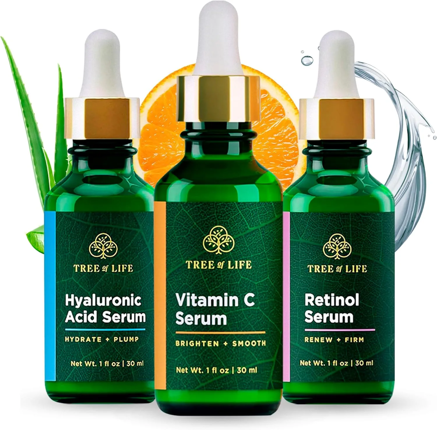 TREE OF LIFE BEAUTY ToLB Anti Aging Serum Combo Pack - 98% Natural, 72% ORGANIC - Vitamin C Serum - Retinol Serum - Hyaluronic Acid Serum