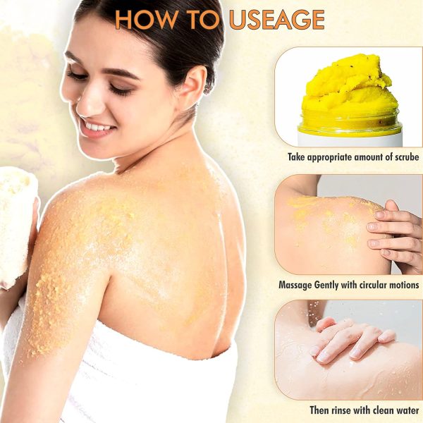 ⁦PureBellissimo Turmeric Skin Brightening Scrub for Dark Spots, Dark Inner Thighs Bikini Area Underarms, Natural Exfoliating Turmeric Face Scrub ALL NATURAL 10OZ⁩ - الصورة ⁦3⁩