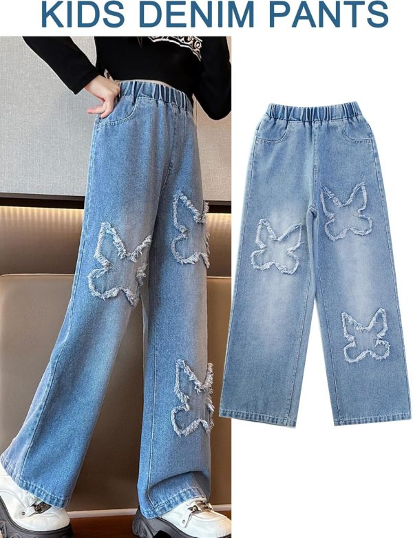 ⁦SEAUR Girls Kids Jeans Loose Wide-Leg Denim Pants Baggy Straight Elastic Waist Ripped Jeans Stretchy Vintage Casual Trousers with Pockets Age 5-14 Years⁩ - الصورة ⁦4⁩