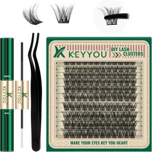 KEYYOU DIY Eyelash Extensions Set, 120 Pieces, Lash Extension Set, D Curl, 8-16 Mix Eyelash Cluster with Super Hold Cluster, Eyelash Binding and Seal and Eyelash Applicator (DV02KIT)