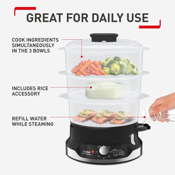 ⁦Tefal Ultracompact Steam Cooker, 3-Tier Food Steamer, Stackable Storage System, BPA-Free Bowls, 60-Min Timer, Refill While Steaming, Rice Accessory, Removable Cooking Bowls, Black, VC204865⁩ - الصورة ⁦3⁩
