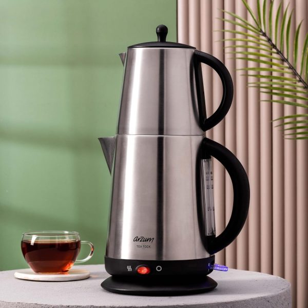 ⁦Arzum Electric Kettle 1.7 Liter Eco Turkish Tea Maker Stainless Steel 2200 Watts Silver Color Model - AR3072-1 Years Full Warranty.⁩ - الصورة ⁦2⁩