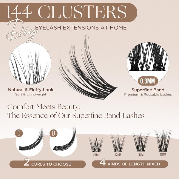 ⁦LASHVIEW DIY Cluster Eyelash Extensions 144 Pcs Reusable Individual Lashes Mega Volume Soft Black Synthetic Cluster Lashes⁩ - الصورة ⁦2⁩