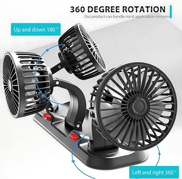 ⁦5V USB Three-Headed Car Fan – 360° Rotatable Auto Cooling Fan for Back Seat, Truck, Van, SUV, RV, Boat, Caravan – Quiet, Powerful Airflow (Black)⁩ - الصورة ⁦7⁩