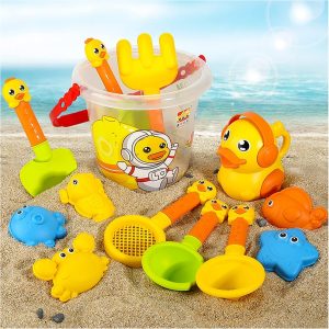 14Pcs Beach Toys Set for Kids, Play Sand Toys for Toddlers, Cute Yellow Duck Sandbox Toy Outdoor Fun Sand Tools with Bucket and Spade Watering Cans Shovels, Rakes, Molds, Summer Beach Games for Kids
