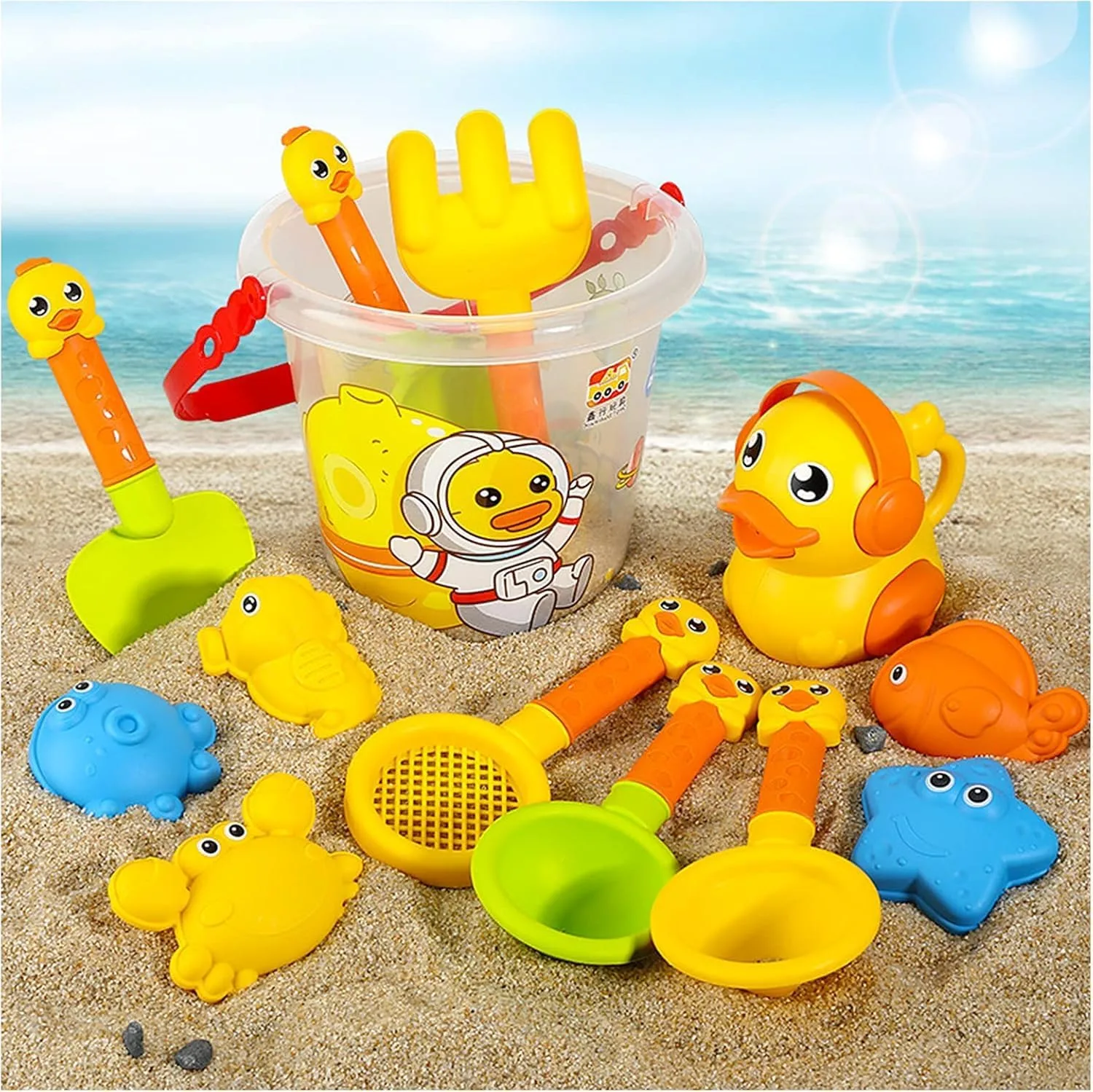 14Pcs Beach Toys Set for Kids, Play Sand Toys for Toddlers, Cute Yellow Duck Sandbox Toy Outdoor Fun Sand Tools with Bucket and Spade Watering Cans Shovels, Rakes, Molds, Summer Beach Games for Kids