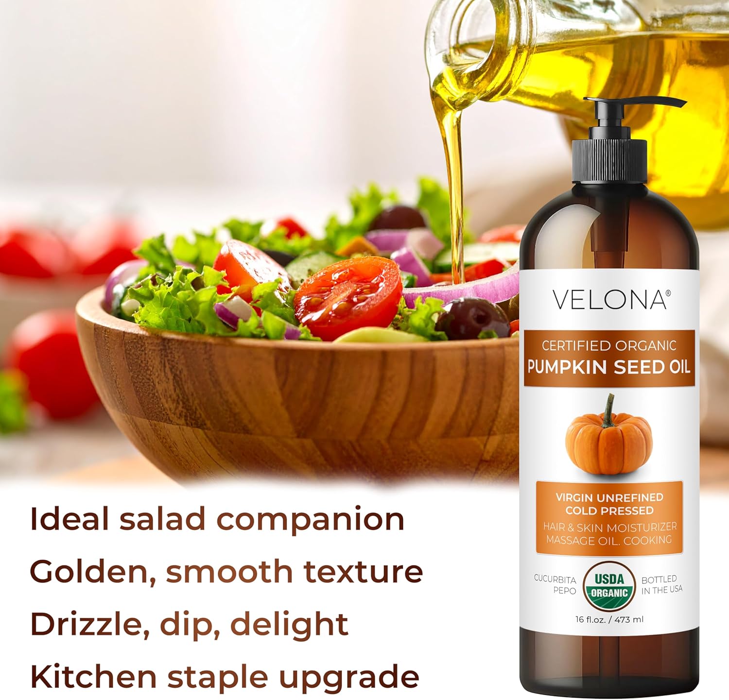 velona Pumpkin Seed Oil USDA Certified Organic - 64 oz | 100% Pure and Natural Carrier Oil | Unrefined, Cold Pressed | Cooking, Face, Hair, Body & Skin Care | Use Today - Enjoy Results 4 velona Pumpkin Seed Oil USDA Certified Organic - 64 oz | 100% Pure and Natural Carrier Oil | Unrefined, Cold Pressed | Cooking, Face, Hair, Body & Skin Care | Use Today - Enjoy Results - الصورة 4