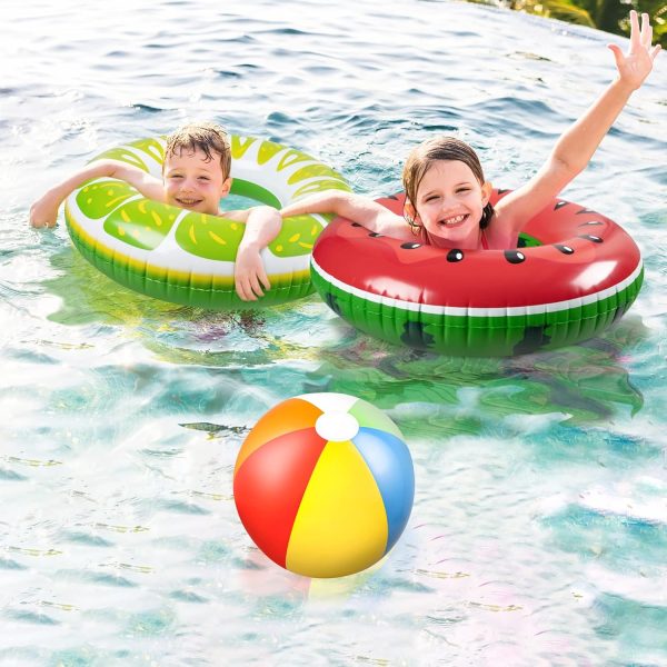 ⁦YelaJoy Inflatable Pool Floats Kids, 4 Pcs Fruit Swim Tubes Rings and 3 Pcs 12" Beach Balls, Pool Floaties Summer Hawaiian Beach Toys Swimming Luau Party Floats for Kids Adults Water Fun⁩ - الصورة ⁦4⁩