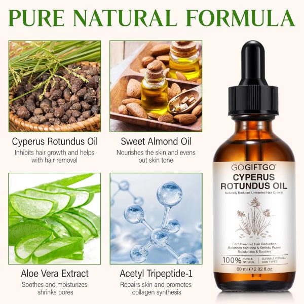 ⁦GOGIFTGO Cyperus Rotundus Oil,Cyperus Oil,Cyprus Rotundus Oil for Hair Removal,Cyperus Oil Natural, Soothing and gentle,Reducing Body Hair Growth,Smooth Skin & Hair Removal,60ml⁩ - الصورة ⁦5⁩