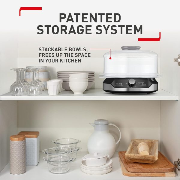 ⁦Tefal Ultracompact Steam Cooker, 3-Tier Food Steamer, Stackable Storage System, BPA-Free Bowls, 60-Min Timer, Refill While Steaming, Rice Accessory, Removable Cooking Bowls, Black, VC204865⁩ - الصورة ⁦4⁩