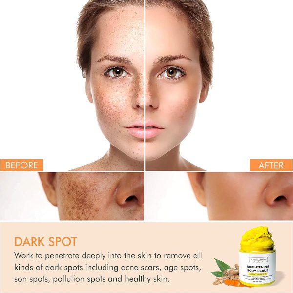 ⁦PureBellissimo Turmeric Skin Brightening Scrub for Dark Spots, Dark Inner Thighs Bikini Area Underarms, Natural Exfoliating Turmeric Face Scrub ALL NATURAL 10OZ⁩ - الصورة ⁦5⁩