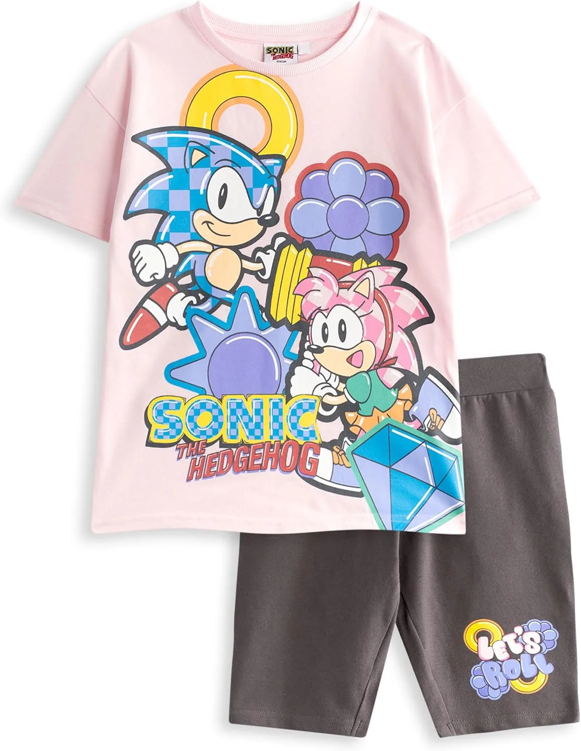 Sonic The Hedgehog Girls Pink T-Shirt and Shorts Set | Cute 'Let’s Roll' Sonic & Amy Rose Graphic Tee Short-Sleeve