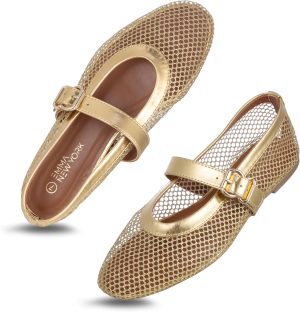 EMMA NEW YORK Women’s Mesh Ballet Flats – Fishnet Mary Jane Flats with Adjustable Buckle Strap, Breathable & Stylish Ballerina Shoes