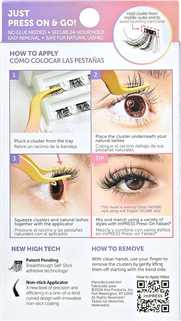 ⁦KISS imPRESS Falsies Press On Self Adhesive Eyelashes, 12mm-14mm Natural Volume Press On Lashes, Black, No Glue Needed, Invisible Band, 12 Lash Clusters - Chic⁩ - الصورة ⁦11⁩