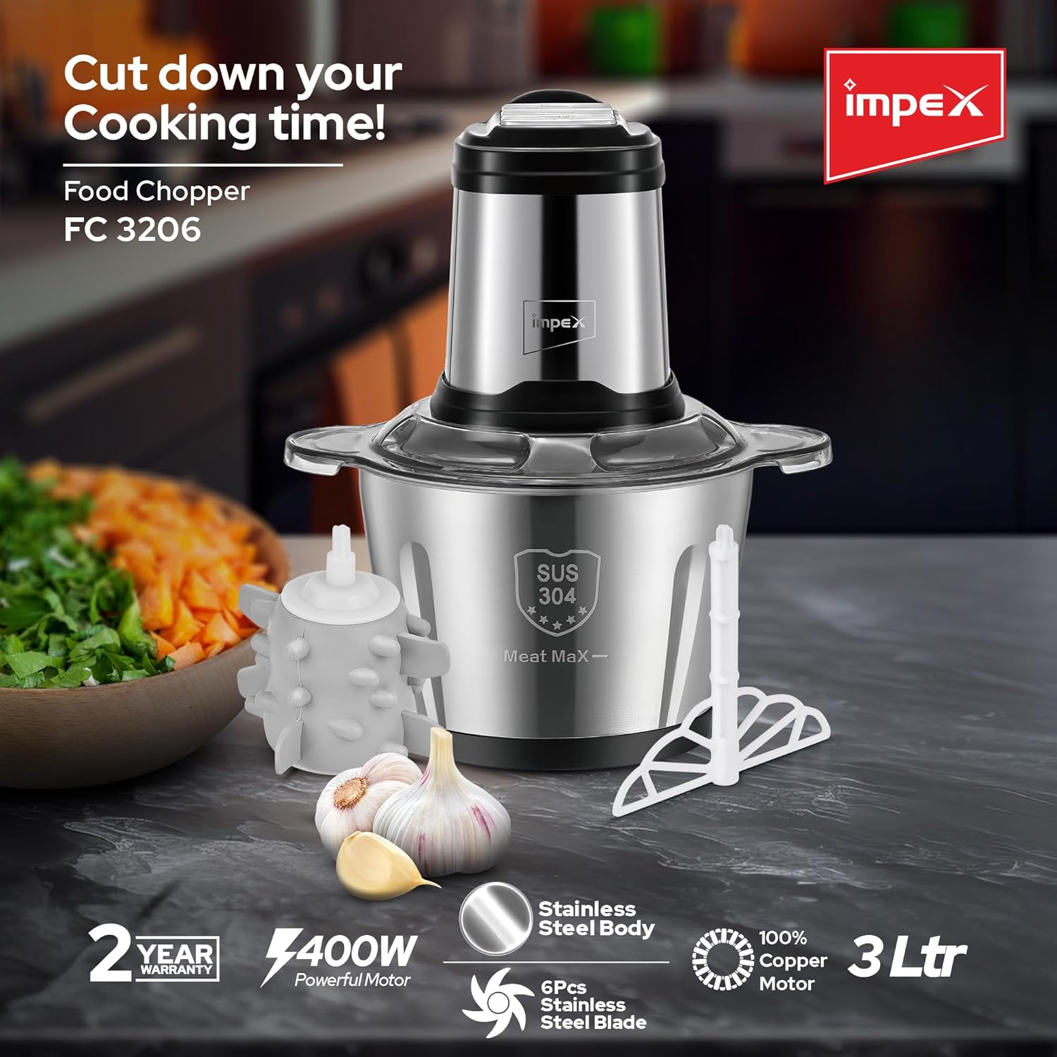 Impex Electric Food Chopper 3Ltr Food Processor Blender 400W, 3Speed Adjustable, Meat Grinder, Stainless Steel Body And 6Pcs Blade,Multi Food Chopper For Meat,Vegetables,Fruits,Nuts -2Years Warranty 2 Impex Electric Food Chopper 3Ltr Food Processor Blender 400W, 3Speed Adjustable, Meat Grinder, Stainless Steel Body And 6Pcs Blade,Multi Food Chopper For Meat,Vegetables,Fruits,Nuts -2Years Warranty - الصورة 2