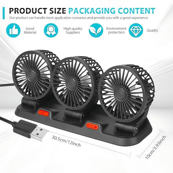 ⁦5V USB Three-Headed Car Fan – 360° Rotatable Auto Cooling Fan for Back Seat, Truck, Van, SUV, RV, Boat, Caravan – Quiet, Powerful Airflow (Black)⁩ - الصورة ⁦5⁩