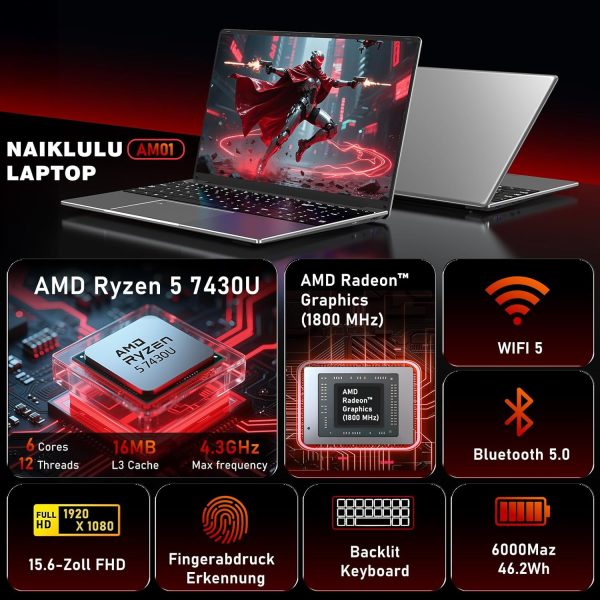 ⁦NAIKLULU 15.6 Inch Laptop, 7430 Processor (up to 4.3GHz), 16GB RAM 1TB SSD, Radeon Graphics, 1920 * 1080 IPS FHD, 6000mAh Battery, WiFi 5, BT5.0, Backlit Keyboard, Fingerprint Reader, Win 11⁩ - الصورة ⁦2⁩