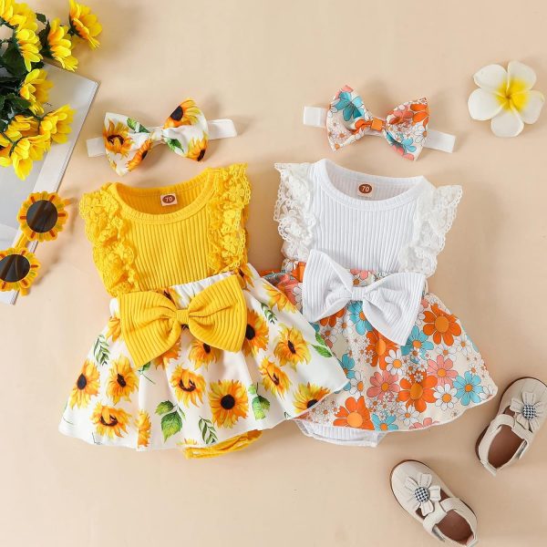 ⁦Infant Baby Girl Romper Dress Outfit – Lace Ruffle Sleeveless Summer Romper with Matching Headband – Soft & Breathable Clothes Set for Newborn Girls Ages 0–12 Months – Great for Daily Wear⁩ - الصورة ⁦2⁩