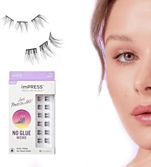 KISS imPRESS Falsies Press On Self Adhesive Eyelashes, 12mm-14mm Natural Volume Press On Lashes, Black, No Glue Needed, Invisible Band, 12 Lash Clusters - Chic
