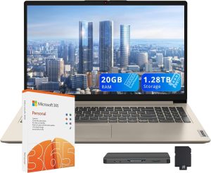 Lenovo IdeaPad 1 15.6" HD Laptop, Intel Celeron N4500, 20GB RAM, 1TB SSD+128GB eMMC, Intel UHD Graphics, Copilot, Number Pad, Webcam, 1 Year Office 365, Windows 11, Sand, 160GB Docking Station Set