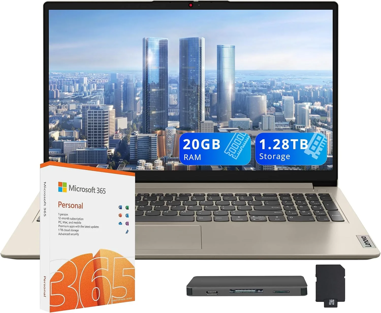 Lenovo IdeaPad 1 15.6" HD Laptop, Intel Celeron N4500, 20GB RAM, 1TB SSD+128GB eMMC, Intel UHD Graphics, Copilot, Number Pad, Webcam, 1 Year Office 365, Windows 11, Sand, 160GB Docking Station Set