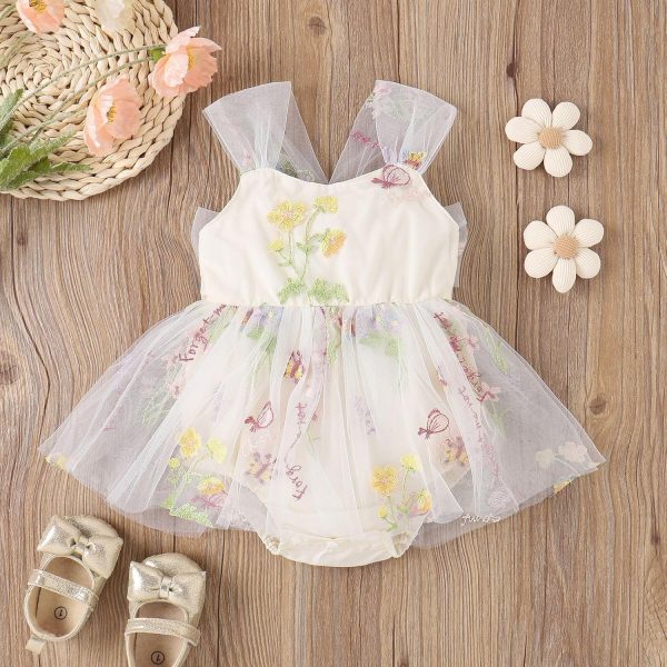 ⁦Azonee Dress Floral Lace Romper Set with Flower Headband, Embroidery Sleeveless Tulle Tutu Princess Back Bowknot Jumpsuit Toddler Kids Summer Clothes for Baby Girls 1st Birthday Party Outfit 90cm⁩ - الصورة ⁦2⁩