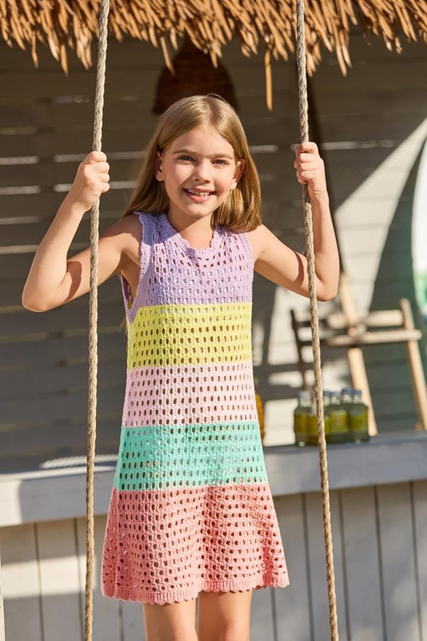 ⁦Haloumoning Girls Color Block Crochet Knit Swim Cover up Kids Summer Sleeveless Beach Dress 5-14 Years⁩ - الصورة ⁦3⁩
