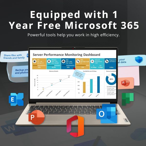 ⁦Lenovo IdeaPad 1 15.6" HD Laptop, Intel Celeron N4500, 20GB RAM, 1TB SSD+128GB eMMC, Intel UHD Graphics, Copilot, Number Pad, Webcam, 1 Year Office 365, Windows 11, Sand, 160GB Docking Station Set⁩ - الصورة ⁦6⁩