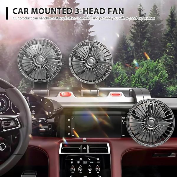 ⁦5V USB Three-Headed Car Fan – 360° Rotatable Auto Cooling Fan for Back Seat, Truck, Van, SUV, RV, Boat, Caravan – Quiet, Powerful Airflow (Black)⁩ - الصورة ⁦3⁩