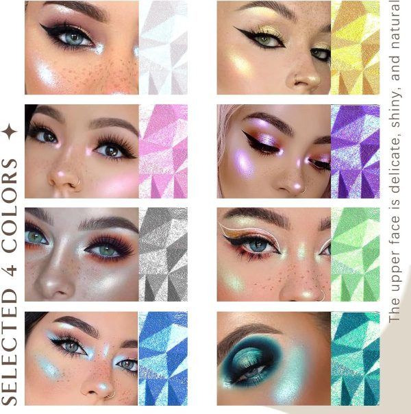 ⁦Tazweeq 8 Colors Face Highlighter, Diamond Glitter iluminadores, Makeup Palette, Intense-Color Chameleon Eyeshadow Rainbow Shimmer, Highlighter Metallic Contour Bronzer Palette⁩ - الصورة ⁦7⁩