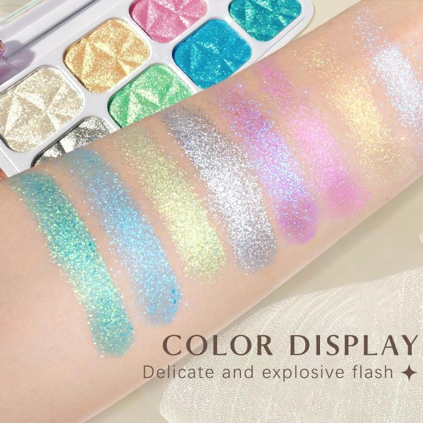 ⁦Tazweeq 8 Colors Face Highlighter, Diamond Glitter iluminadores, Makeup Palette, Intense-Color Chameleon Eyeshadow Rainbow Shimmer, Highlighter Metallic Contour Bronzer Palette⁩ - الصورة ⁦5⁩