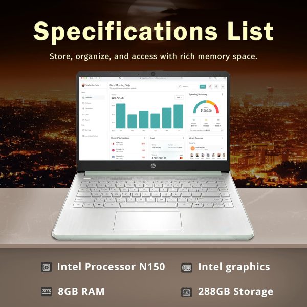 ⁦HP Stream 14" HD Laptop for Student & Business, Intel Processor N150, 8GB RAM, 288GB Storage(128GB UFS+160GB Docking Station Set), Intel Graphics, 1 Year Office 365, Copilot, Wi-Fi 6, Win 11 S, Green⁩ - الصورة ⁦3⁩