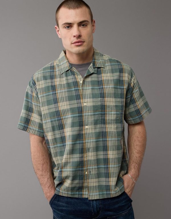 ⁦American Eagle Men Plaid Button-Up Poolside Shirt⁩ - الصورة ⁦5⁩
