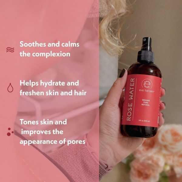 ⁦(240ml) - Eve Hansen Organic Rose Water Spray for Face HUGE 240ml Moroccan Rosewater Face Toner and Makeup Setting Spray Soothing Neck and Face Mist to Reduce Eye Puffiness, Dark Circles and Redness⁩ - الصورة ⁦2⁩
