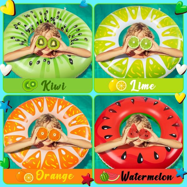 ⁦YelaJoy Inflatable Pool Floats Kids, 4 Pcs Fruit Swim Tubes Rings and 3 Pcs 12" Beach Balls, Pool Floaties Summer Hawaiian Beach Toys Swimming Luau Party Floats for Kids Adults Water Fun⁩ - الصورة ⁦2⁩