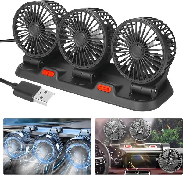 ⁦5V USB Three-Headed Car Fan – 360° Rotatable Auto Cooling Fan for Back Seat, Truck, Van, SUV, RV, Boat, Caravan – Quiet, Powerful Airflow (Black)⁩ - الصورة ⁦6⁩